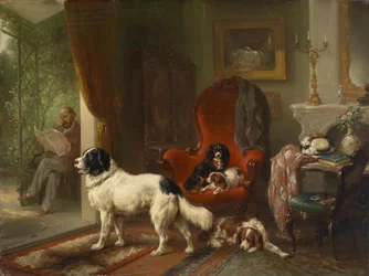 Interior with Dogs, View of a Pergola